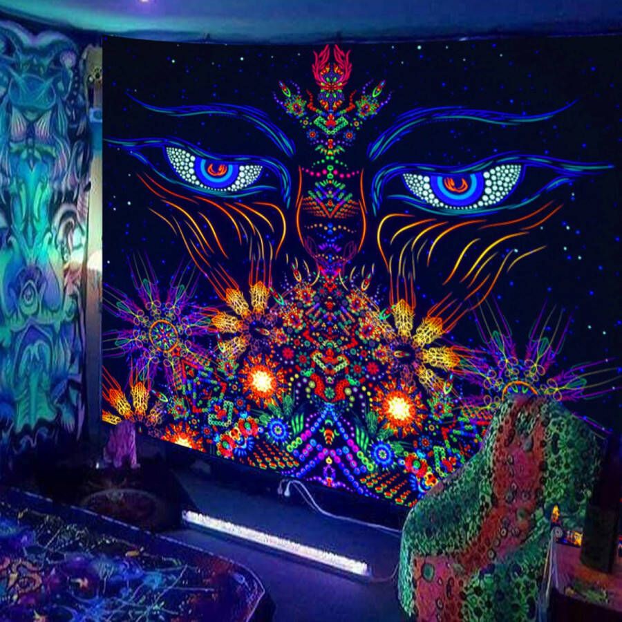 Ulticool Halloween Decoratie Versiering Ogen Bloemen Meditatie Glow in the Dark Tapestry Decoratie Magic Psychedelisch Blacklight Party Wandkleed 200x150 cm Backdrop UV Lamp Groot wandtapijt Poster Neon Fluor Verlichting