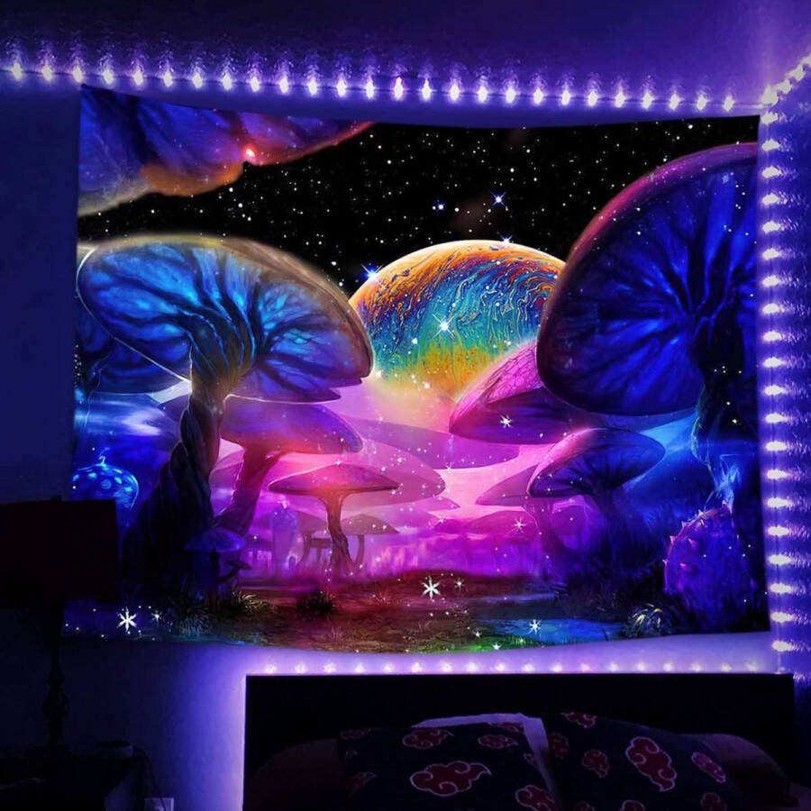 Ulticool Paddenstoelen Heelal Maan Sterren Glow in the Dark Tapestry Decoratie Magic Psychedelische Blacklight Party Wandkleed Achtergronddoek 200x150 cm Backdrop UV Lamp Reactive Groot wandtapijt Poster Fluoriserende Neon Verlichting