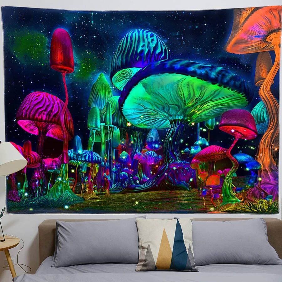 Ulticool Paddenstoelen Sterren Glow in the Dark Tapestry Decoratie Magic Psychedelisch Blacklight Party Wandkleed Achtergronddoek 200x150 cm Backdrop UV Lamp Reactive Mushroom Groot wandtapijt Poster Neon Fluor Verlichting