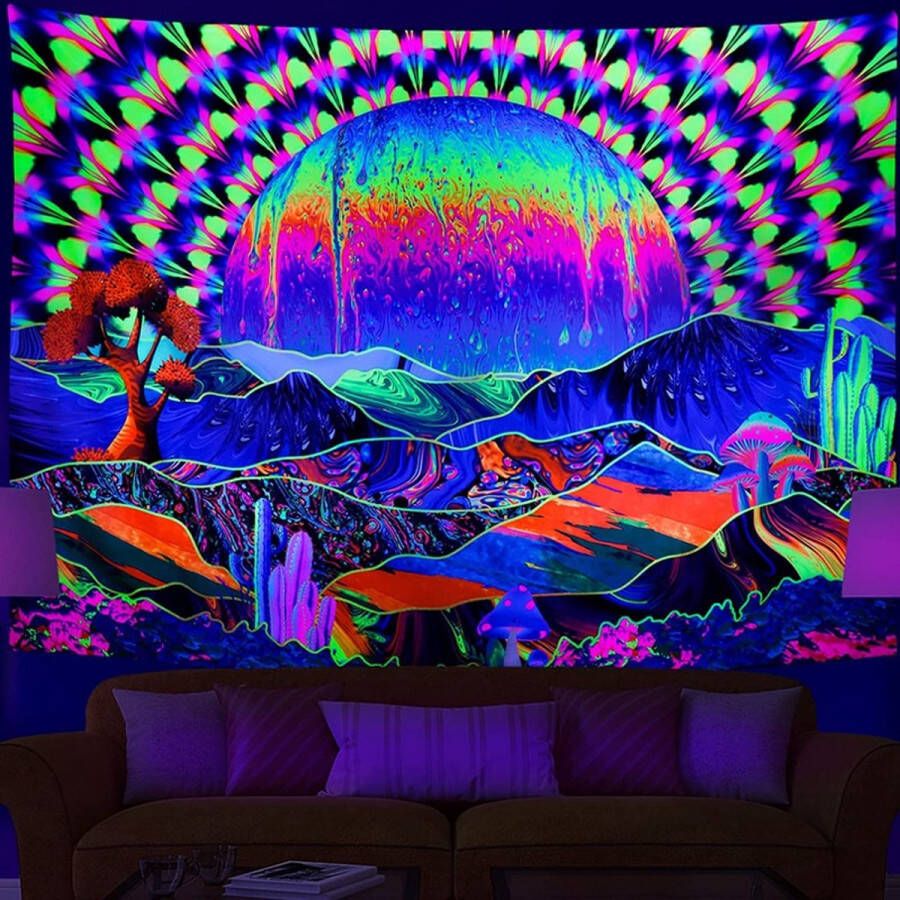 Ulticool Wandkleed Regenboog Zon Bergen Glow in the Dark Decoratie Psychedelic Blacklight Party Doek 200x150 cm Backdrop UV Lamp Groot wandtapijt Poster Neon Fluor Verlichting Cadeau Tiener Jongen Meisje 10 11 12 13 14 15 16 Jaar