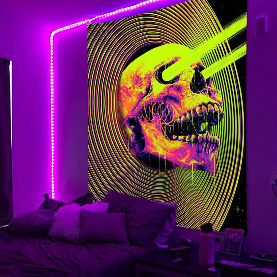 Ulticool Halloween Decoratie Versiering Skelet Skull Glow in de Dark Tapestry Decoratie Psychedelisch Blacklight Party Wandkleed Achtergronddoek 200x150 cm Backdrop UV Lamp Reactive Groot wandtapijt Poster Neon Fluor Verlichting