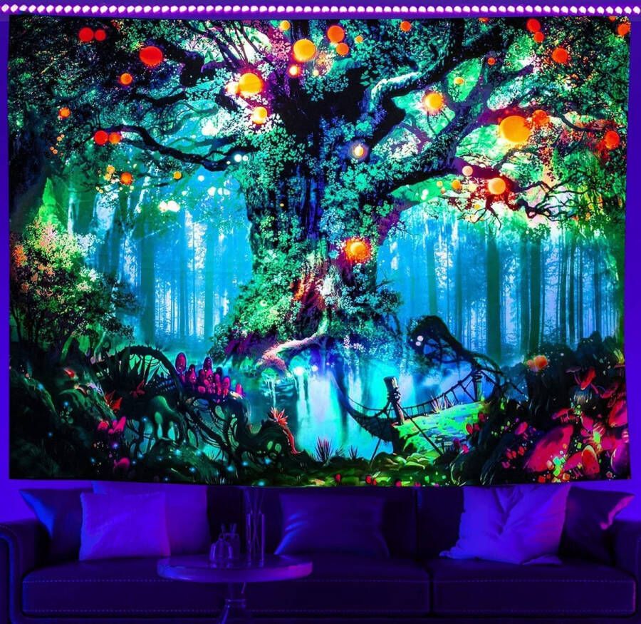 Ulticool Sprookjesboom Glow in the Dark Tapestry Decoratie Magic Psychedelisch Blacklight Party Wandkleed Achtergronddoek 200x150 cm Backdrop UV Lamp Reactive Groot wandtapijt Poster Neon Fluor Verlichting Cadeau Jongen 11 12 13 14 jaar
