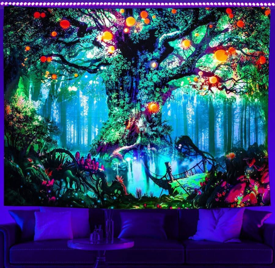 Ulticool Sprookjesboom Glow in the Dark Tapestry Decoratie Magic Psychedelisch Blacklight Party Wandkleed Achtergronddoek 200x150 cm Backdrop UV Lamp Reactive Groot wandtapijt Poster Neon Fluor Verlichting