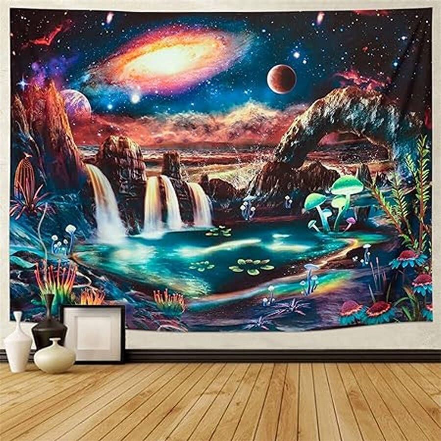 Ulticool Wandkleed 200x150 cm – Heelal Paddenstoel Planeten Sterrenhemel voor Binnen & Buiten Glow in the Dark Decoratie Wandtapijt Poster Backdrop Frame Mushroom Natuur High on Life Hippie Neon Party Verlichting UV Lamp Blacklight Lampen