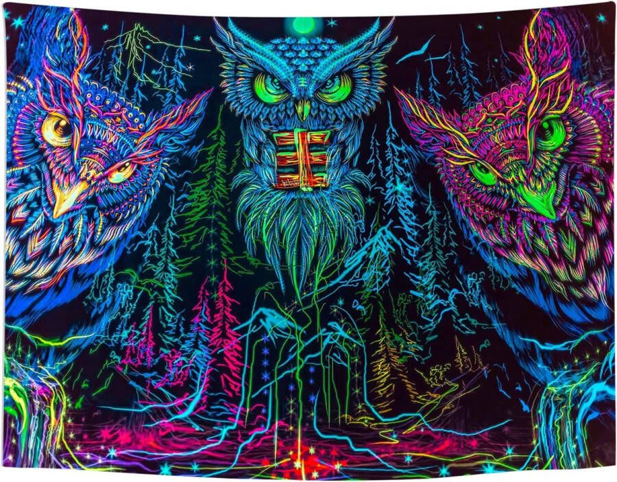 Ulticool Uil Roofvogel Boho Bohemian Glow in the Dark Blacklight Party Wandkleed Achtergronddoek 200x150 cm Backdrop UV Lamp Reactive Groot wandtapijt Poster Fluoriserende Neon Verlichting Halloween Decoratie Versiering