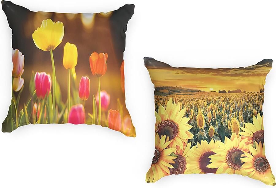 Ulticool Buitenkussens Waterbestendig & Wasbaar Set van 2 Tulpen Bloemen Natuur Zonnebloem Zonder Kussenvulling Sierkussens 45x45 cm Tuinkussenhoes Kussenhoesjes – Decoratie Loungeset Palletbank Palletkussenset Tulpenbollen Groen Roze Geel