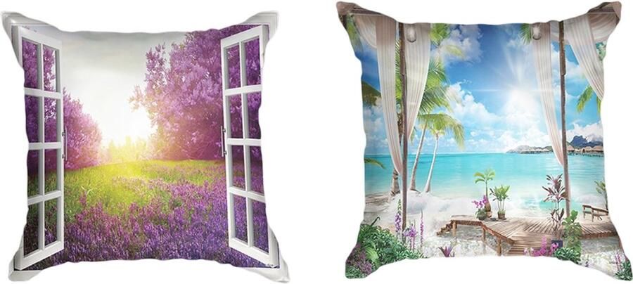 Ulticool Kussenhoes Doorkijk Strand Zee Bloemen Lavendel Natuur Set van 2 stuks Sierkussens 45x45 cm Sierkussenhoes Kussentjes Bank voor Decoratie Blauw Wit Lila Cadeau Mama Moeder Vrouw Cadeautje Populair Geschenkset Moederdag Pakket