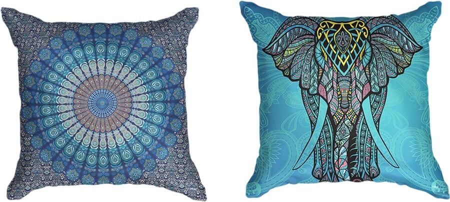 Ulticool Kussenhoes Mandala Olifant Bohemian Hippie Ibiza Style Set van 2 Kussens Exclusief Kussenvulling Sierkussens 45x45 cm Sierkussenhoes Accessoires Kussentjes Bank Decoratie Woonkamer Slaapkamer Turquoise Cadeau Tiener Meisje 13 Jaar