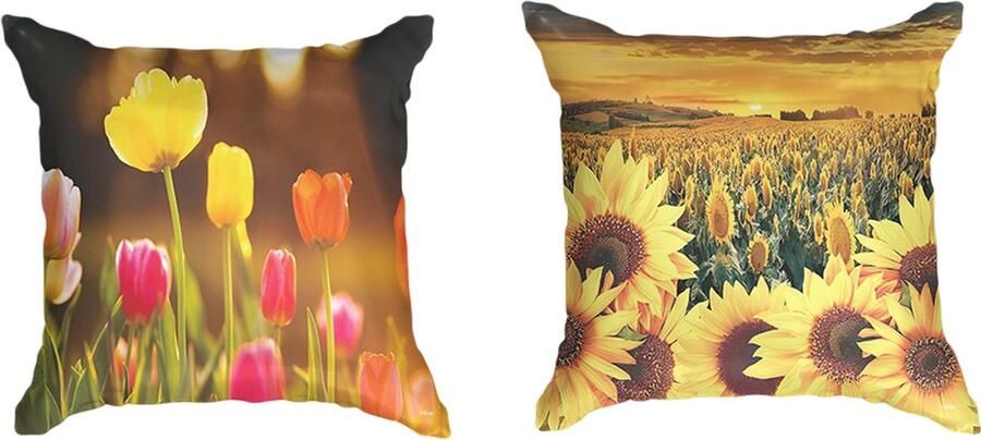 Ulticool Kussenhoes Set van 2 stuks Tulpen Bloemen Natuur Zonnebloem Zomer Exclusief Kussenvulling Sierkussens 45x45 cm Sierkussenhoes Pasen Paasdecoratie Tulpenbollen Kussentjes Bank Decoratie Woonkamer Slaapkamer Kinderkamer Geel Roze