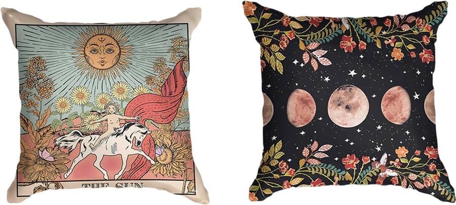 Ulticool Kussenhoes Zon Bloemen Tarot Kaarten Horoscoop Vintage Retro Set van 2 Kussens Exclusief Kussenvulling Sierkussens 45x45 cm Sierkussenhoes Accessoires Kussentjes Bank voor Decoratie Woonkamer Slaapkamer Jeugdkamer Kinderkamer