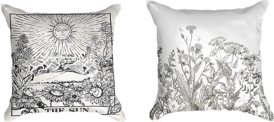 Ulticool Kussenhoes Zon Natuur Bloemen Tarot Kaarten Vintage Retro Set van 2 Kussens Exclusief Kussenvulling Sierkussens 45x45 cm Sierkussenhoes Accessoires Kussentjes Bank voor Decoratie Woonkamer Slaapkamer Jeugdkamer Zwart Wit