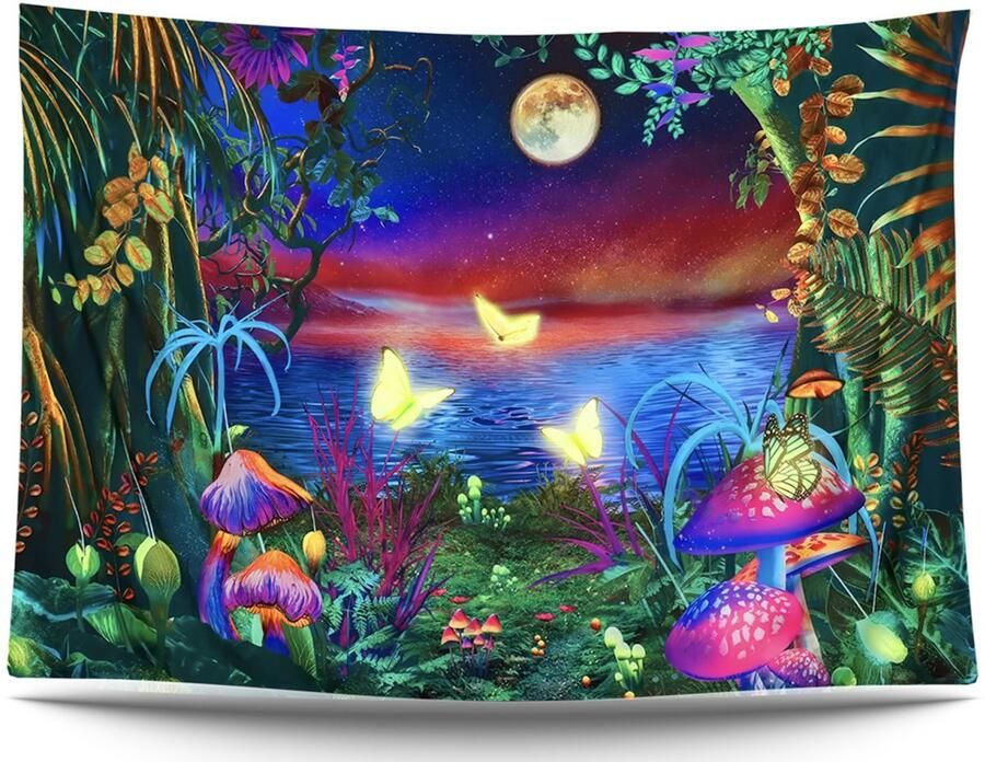 Ulticool Maan Paddenstoelen Vlinders Glow in the Dark Tapestry Magic Psychedelisch Blacklight Party Wandkleed Achtergronddoek 200x150 cm Backdrop UV Lamp Groot wandtapijt Poster Neon Verlichting Halloween Decoratie Versiering - Foto 2