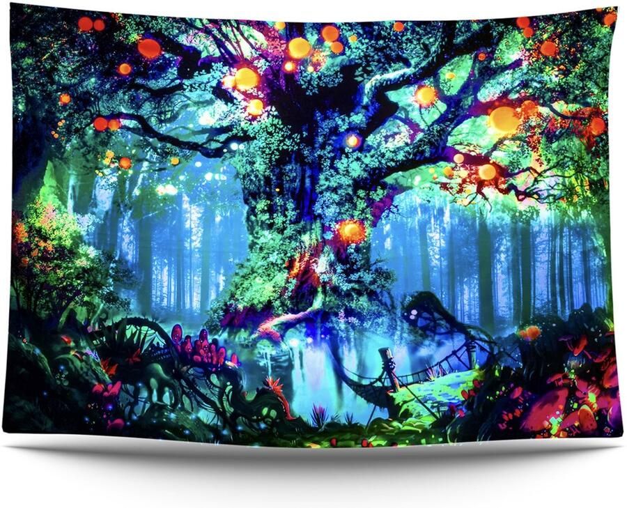 Ulticool Sprookjesboom Glow in the Dark Tapestry Decoratie Magic Psychedelisch Blacklight Party Wandkleed Achtergronddoek 200x150 cm Backdrop UV Lamp Reactive Groot wandtapijt Poster Neon Fluor Verlichting Cadeau Jongen 11 12 13 14 jaar - Foto 2