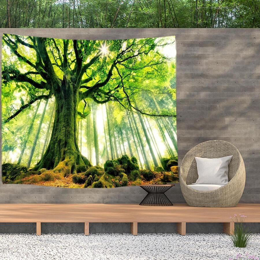 Ulticool Wandkleed 200x150 cm – Boom Natuur Bos Regenwoud – Met Bevestigingspinnen voor Binnen Buiten Tuinposter Wandtapijt Buitenkleed Decoratie Schilderijen Posters Pasen Paas Hangend Lente Cadeau Gadgets Vrouw Mannen Jongen Populair Groen - Foto 2