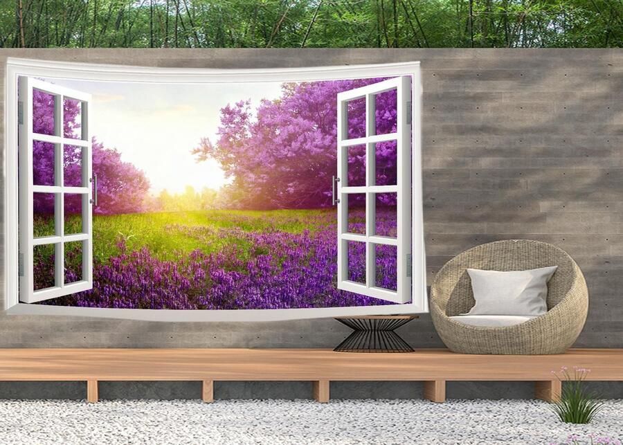 Ulticool Wandkleed 200x150 cm – Doorkijk Bloemen Lavendel Plant Natuur Paars – Met Bevestigingspinnen voor Binnen Buiten Tuinposter Wandtapijt Buitenkleed Decoratie Schilderijen Paasdecoratie Pasen Lente Cadeau Vrouw Tiener Meisje Populair