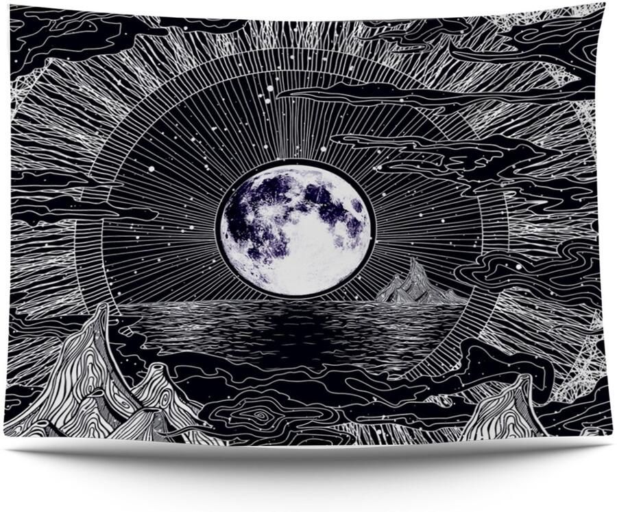 Ulticool Wandkleed 200x150 cm – Maan Sterrenhemel Natuur Bohemian – Met Bevestigingspinnen voor Binnen Buiten Tuinposter Wandtapijt Buitenkleed Decoratie Schilderijen Posters Aesthetic Tarot Kaarten Hippie Zwart Cadeau Vrouw Tiener Meisje