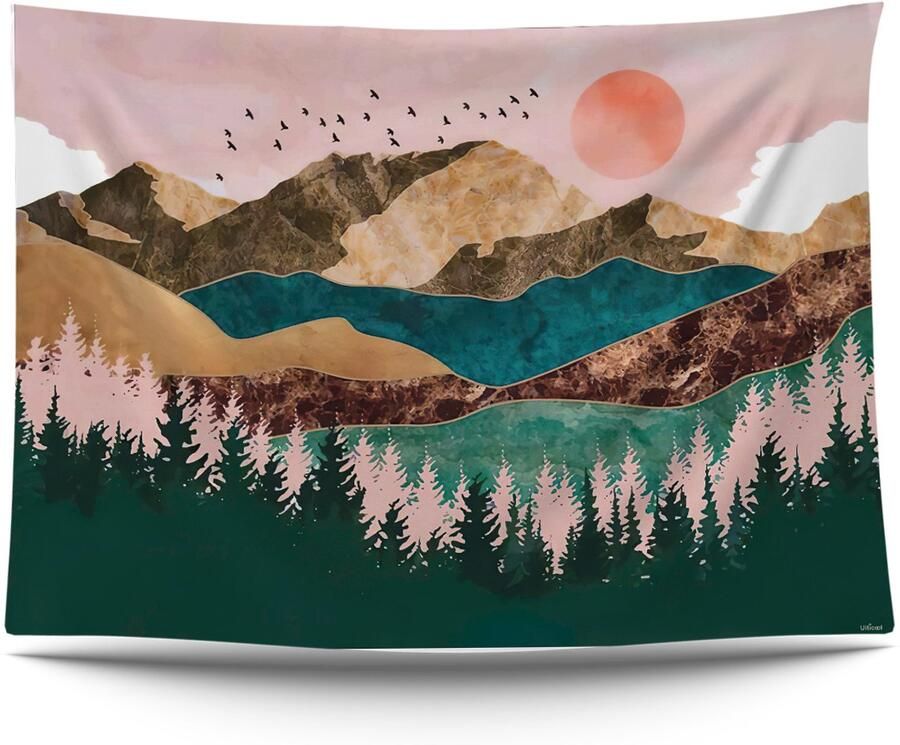 Ulticool Wandkleed 200x150 cm – Natuur Bos Bohemian Aesthetic Hippie – Met Bevestigingspinnen voor Binnen Buiten Tuinposter Wandtapijt Buitenkleed Decoratie Schilderijen Posters Boho Cadeau Idee Vrouw Tiener Meisje Populair Roze Blauw