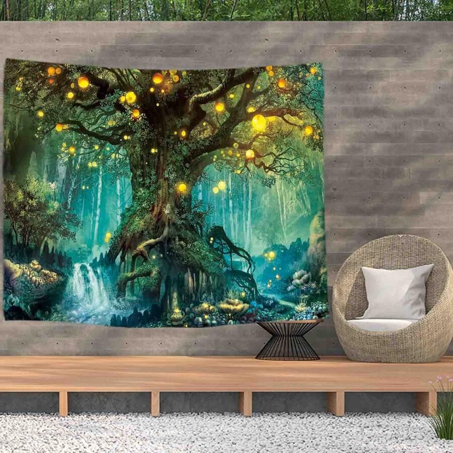Ulticool Wandkleed 200x150 cm – Sprookje Elf Boom Bos Natuur – Met Bevestigingspinnen voor Binnen Buiten Tuinposter Wandtapijt Buitenkleed Decoratie Schilderijen Sprookjesboom Waterval Jungle Cadeau Gadgets Vrouw Mannen Jongen Populair Groen