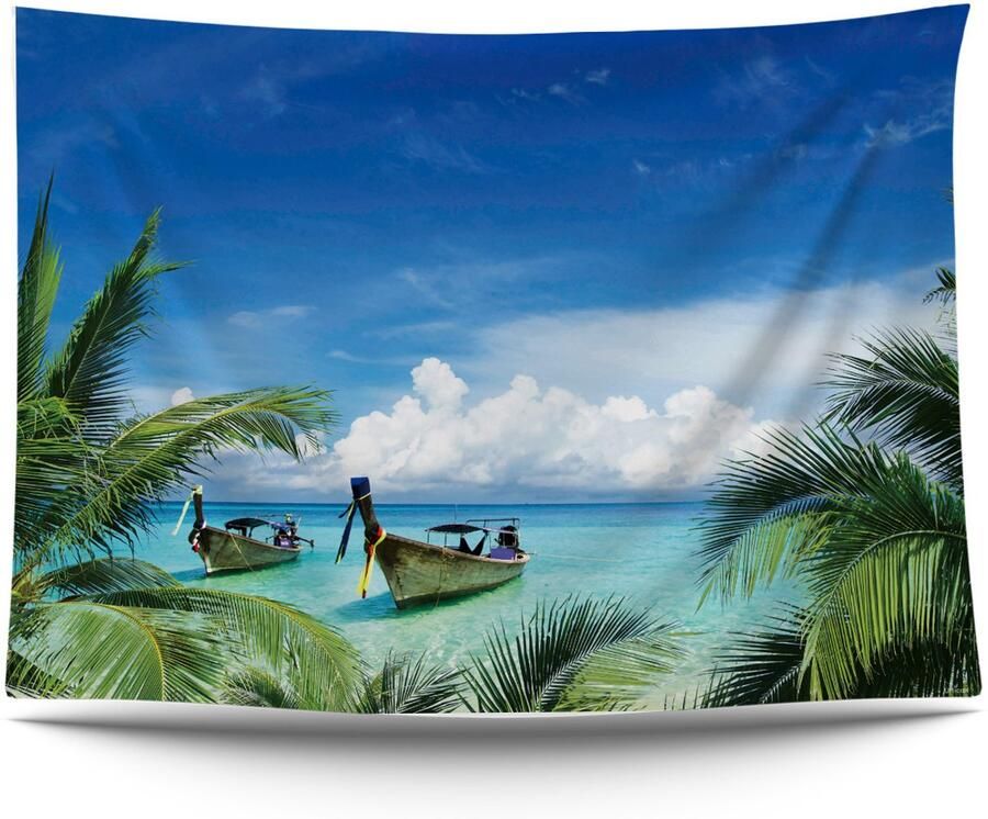 Ulticool Wandkleed 200x150 cm – Strand Zee Boot Palmboom Natuur – Met Bevestigingspinnen voor Binnen Buiten Tuinposter Wandtapijt Tuintapijt Buitenkleed Decoratie Schilderijen Posters Strandlaken Cadeau Vrouw Man Tiener Jongen Meisje