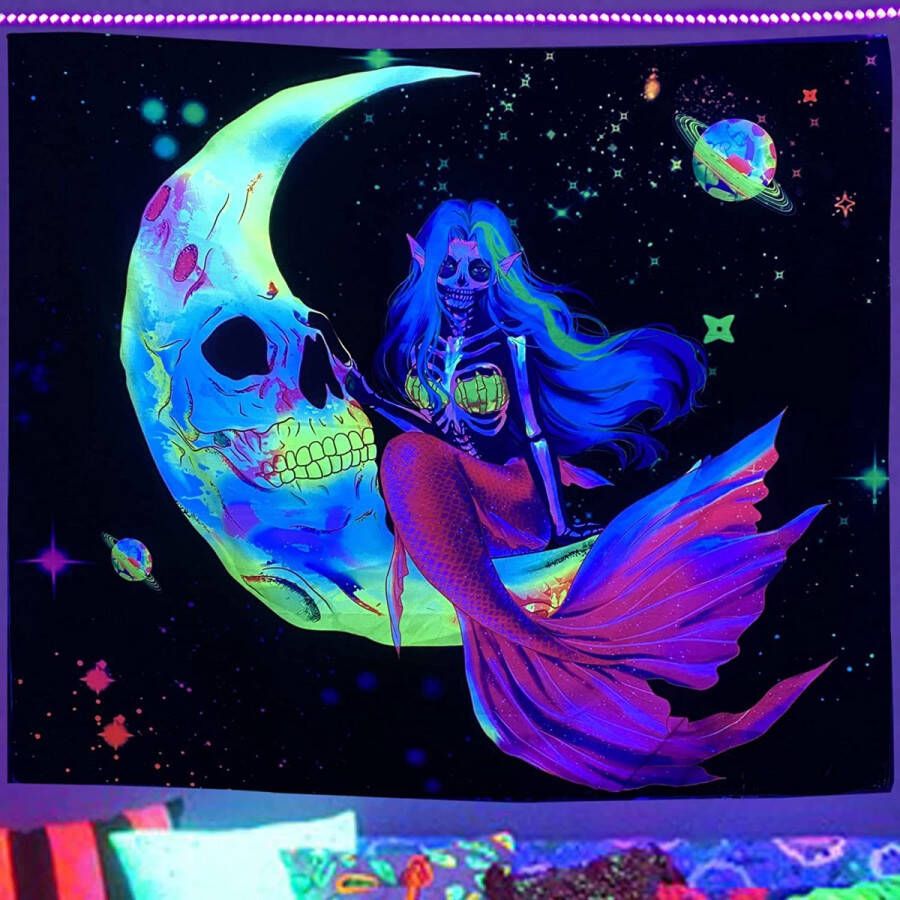 Ulticool Zeemeermin Maan Skelet Planeten Glow in the Dark Tapestry Decoratie Magic Psychedelisch Blacklight Party Wandkleed Achtergronddoek 200x150 cm Backdrop UV Lamp Reactive Groot wandtapijt Poster Fluoriserende Neon Verlichting