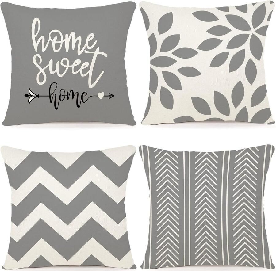 Tennove Set van 4 buiten kussenhoezen Grijs beige 40 x 40 cm Outdoor linnen sierkussenhoes Waterbestendig Tuinset loungebank kussenslopen Zonder kussens Vierkant Waterdicht Hoezen Kussensloop met print Sierkussenhoezen 4 stuks