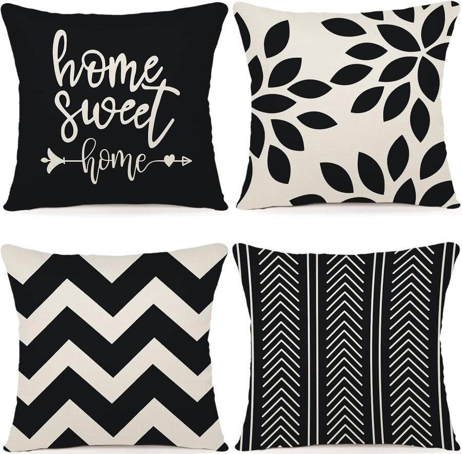Tennove Set van 4 buiten kussenhoezen Zwart beige 40 x 40 cm Outdoor linnen sierkussenhoes Waterbestendig Tuinset loungebank kussenslopen Zonder kussens Vierkant Waterdicht Hoezen Kussensloop met print Sierkussenhoezen 4 stuks