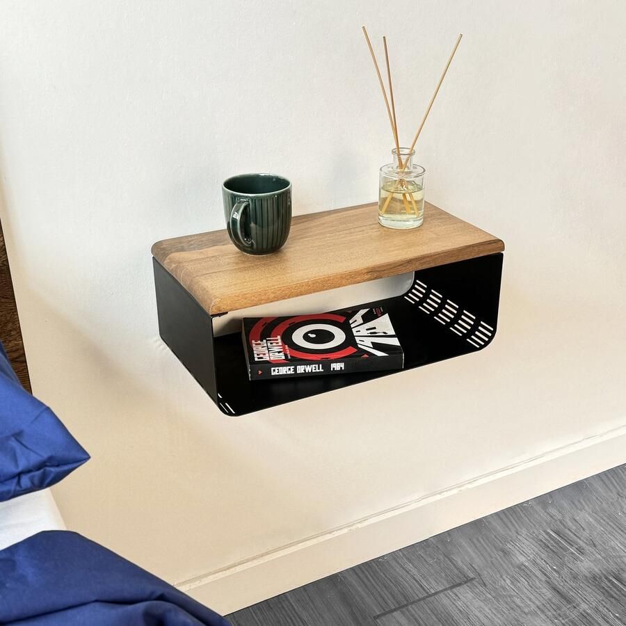 Ultimate Premium Product Industrieel zwevend nachtkastje Moderne wandplank Houten nachttafel met zwart metalen frame Minimalistisch en ruimtebesparend design