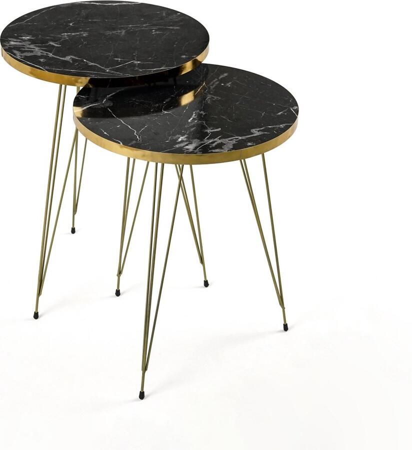 Ultimate Premium Product Ronde Nesttafel Set van 2 Gouden Poten met Marmerprint Moderne Bijzettafels Zwart