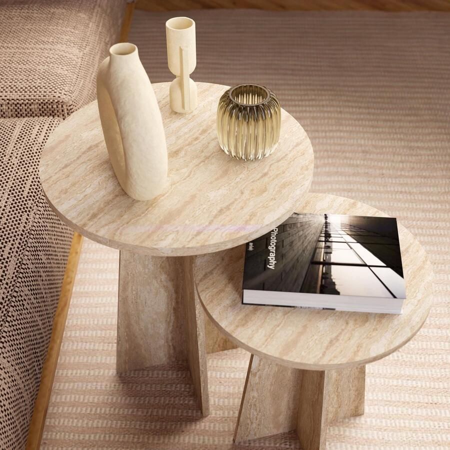Ultimate Premium Product Travertijnlook Ronde Nesting Table Side Table Modern Coffee Table Set van 2 MDF
