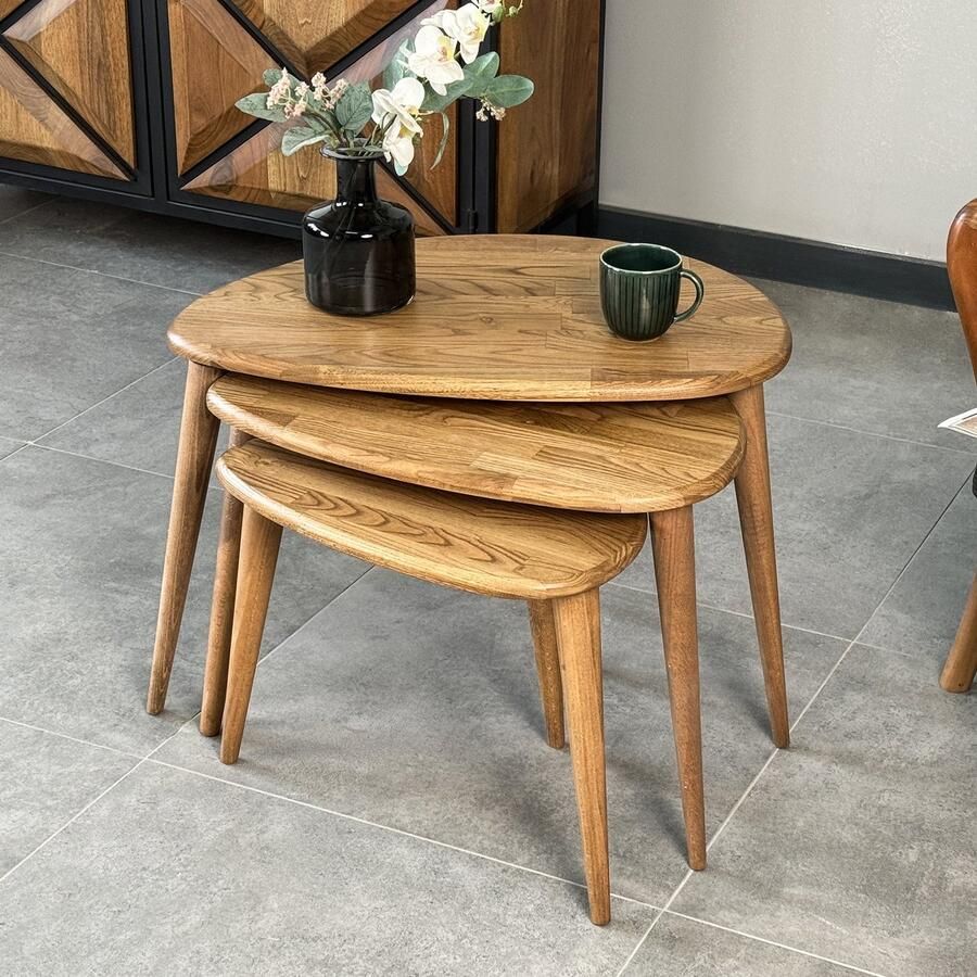 Ultimate Premium Product Zigon Salontafel Set van 3 Bijzettafel Ercol Stijl Rustiek Ontwerp in Kastanjebruin Hout Natuurlijke Look Salontafel voor Moderne Woningdecoratie