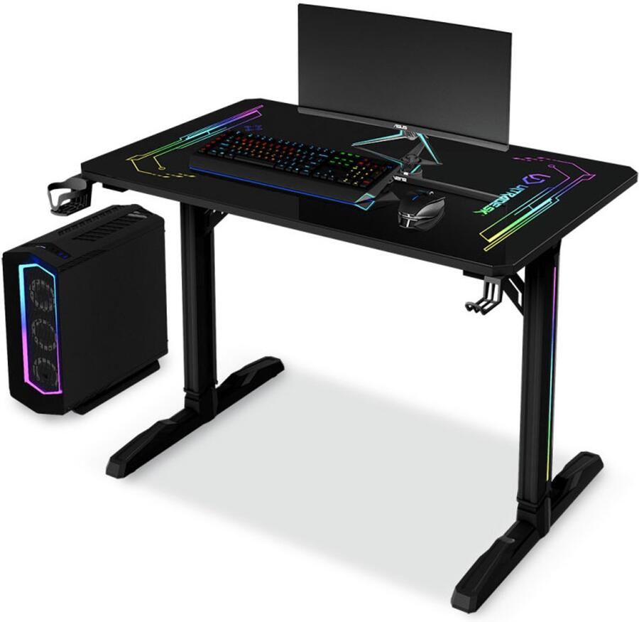 Ultradesk FREEZE V2 – Gamingbureau met ULTRA-GLASS Blad – RGB Prismatic Verlichting – Ergonomisch & Stabiel – Zwart – Voor Gaming Werk & Studie