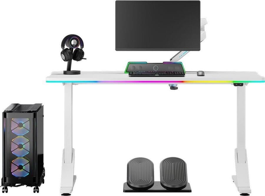 Ultradesk IRON – Gamingbureau – 132 5 x 60 5 cm – LED RGB PRISMATIC – Verstelbaar (3 hoogtes) – Stalen frame – Wit