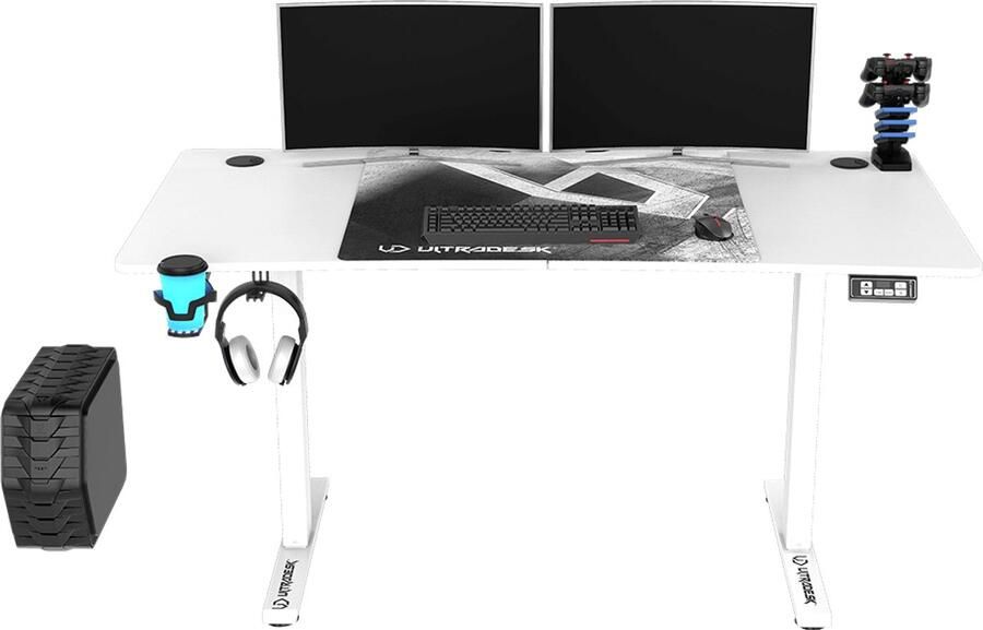 Ultradesk LEVEL V2 – Bureau voor Gaming Home Office & Kantoor – Wit – Elektrisch verstelbaar – Incl. USB Hub XXL Muismat & Accessoires