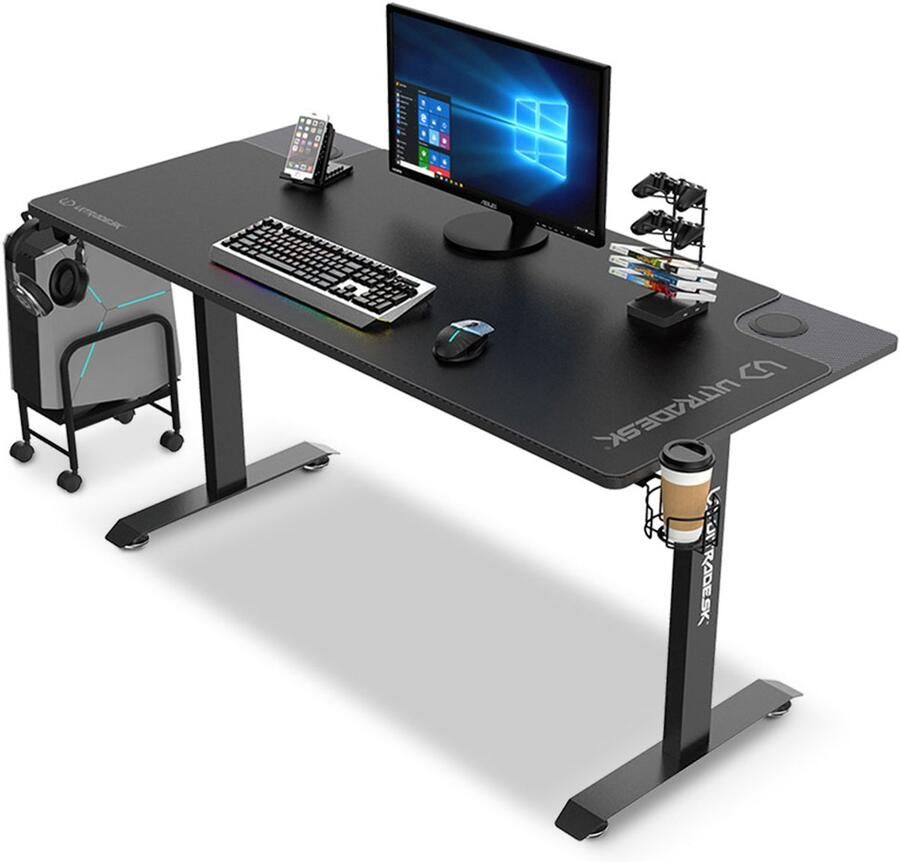 Ultradesk MOMENTUM – Groot Gamingbureau – Zwart – 152 x 70 cm – Inclusief XXL Muismat Hoofdtelefoonhouder Bekerhouder & Kabelbeheer – Voor Gaming & Kantoor
