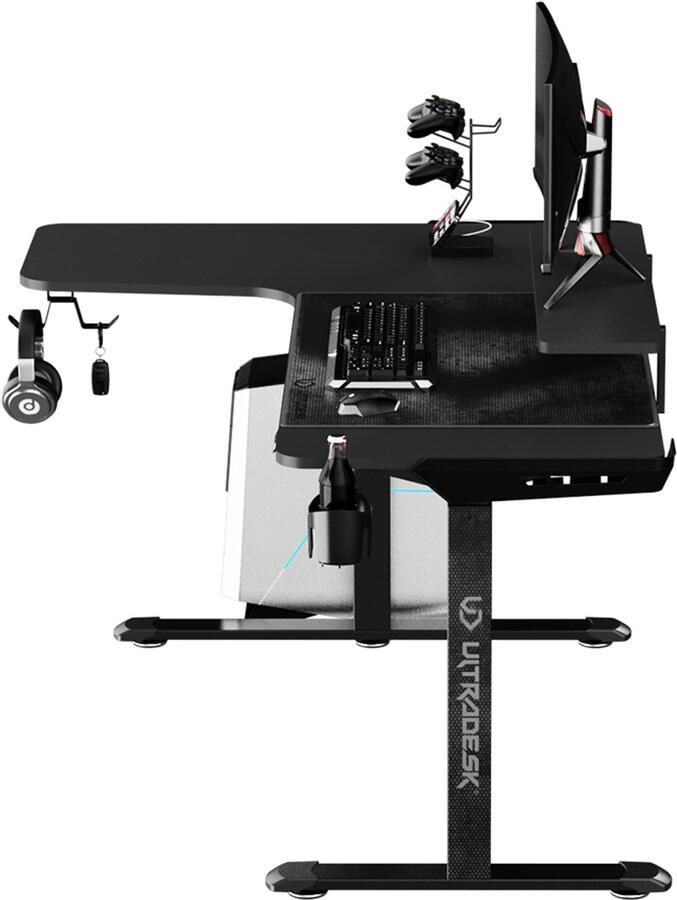 Ultradesk WINGER Hoekbureau – Zwart – Verstelbaar Gaming Kantoor & Home Office Bureau met LED RGB & Accessoires