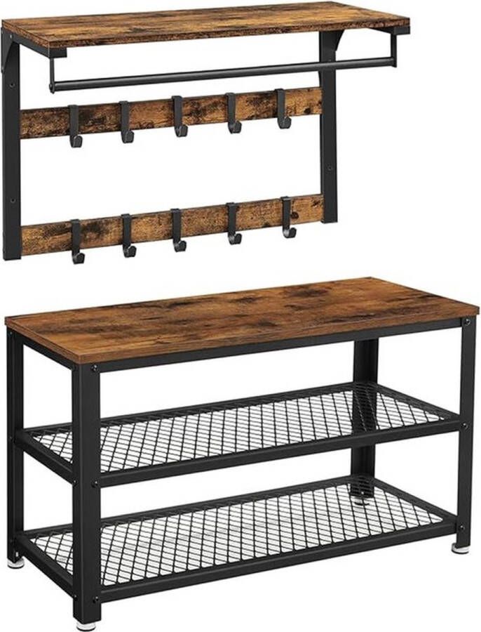 Unbramded Signature Home Schoenenbank Wandgarderobe Wandrek met plank en 10 haken Schoenenrek met 3 niveaus Opslag metalen frame voor hal entree Industrieel Design Vintage bruin-zwart - Foto 2