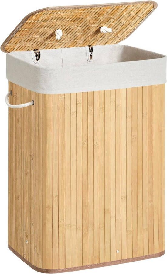 UNBRAND Bamboe wasmand opvouwbare wasbak met deksel en uitneembare katoenen waszak 72 L wasbox waskist 40 x 30 x 60 cm beige