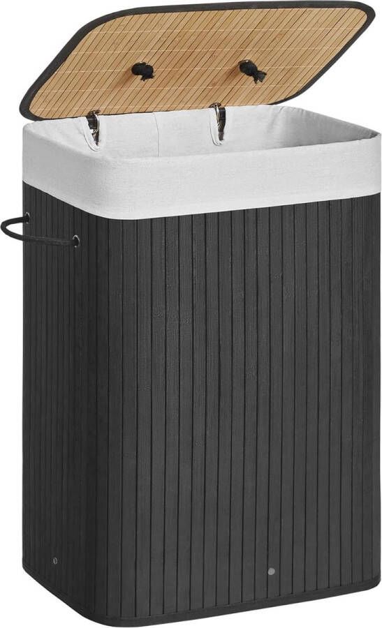 UNBRAND Bamboe wasmand opvouwbare wasbak met deksel en uitneembare katoenen waszak 72 L wasbox waskist 40 x 30 x 60 cm zwart