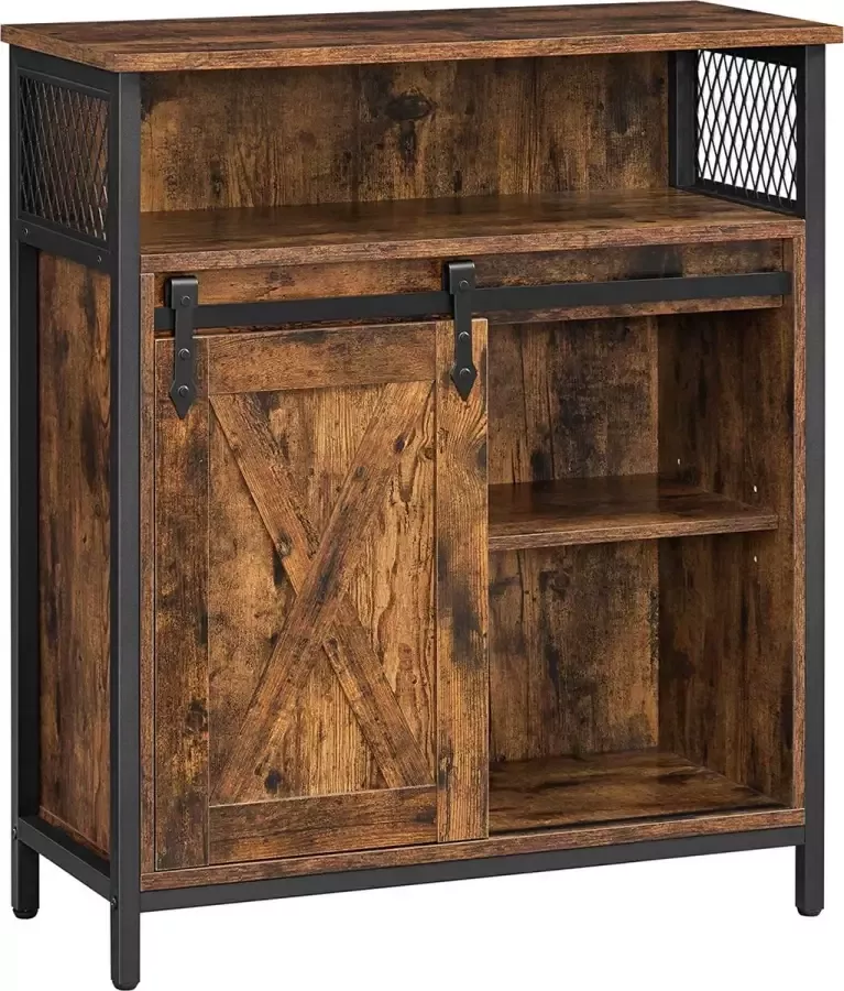 UNBRAND Opbergkast keukenkast met schuifdeur open compartiment verstelbare plank industrieel voor gang woonkamer keuken studeerkamer vintage bruin-zwart LSC089B01