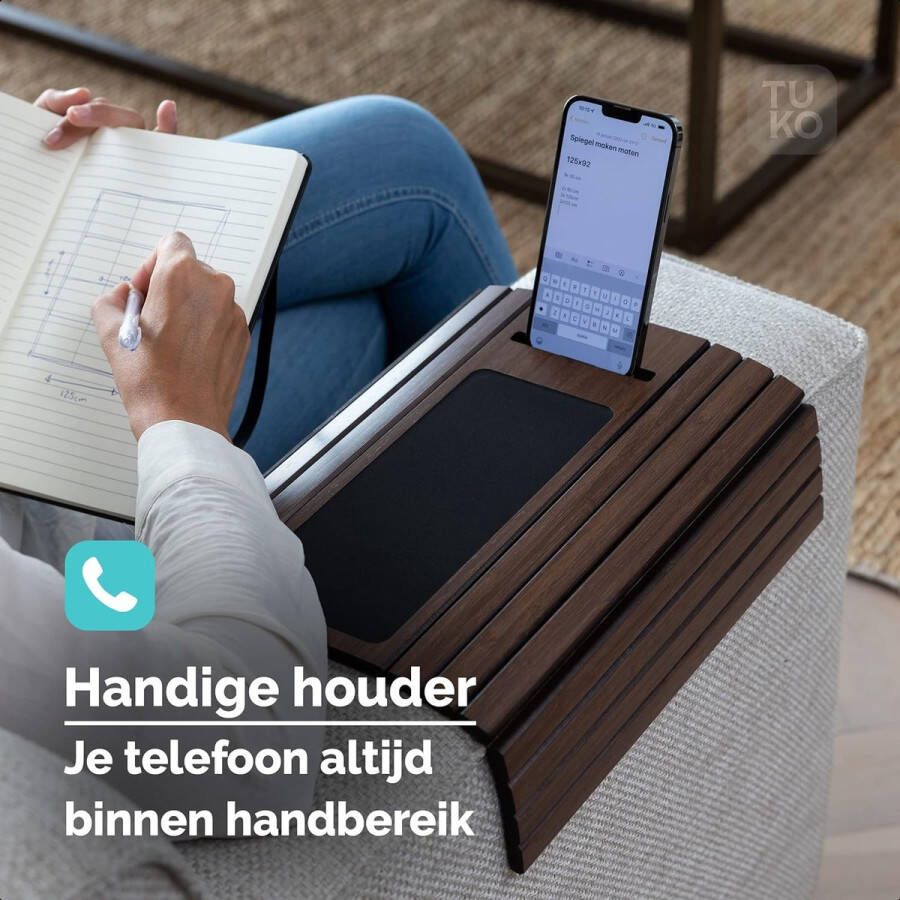 Unbranded Armleuning Dienblad Bank Flexibel Bamboe met Telefoonhouder Bank en Stoel Drank Houder en Muismat Houten Banktafel en Organizer voor Bankleuning en Zetel en Sofa met antislip (Bruin)