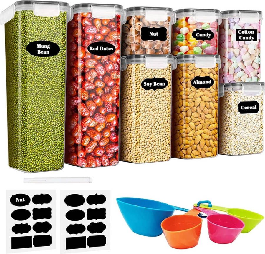 Unbranded Baozun Voorraaddozen 8-Delige Set Mueslidozen Bewaarbox voor Keuken Luchtdicht Vershouddoos van Plastic met Deksel Voorraadpotten voor Het Bewaren van Pasta Muesli Rijst Meel