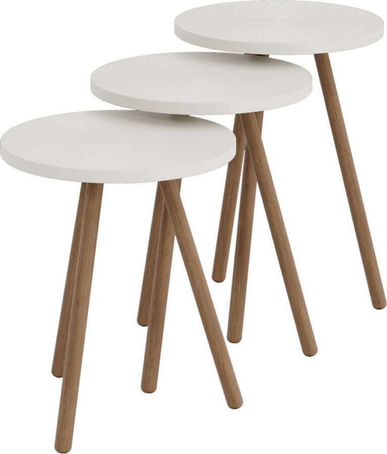 Unbranded Bijzettafel Fred Set van 3 Rond Houtkleurig en Wit Spaanplaat en Beuken Stijlvol Design