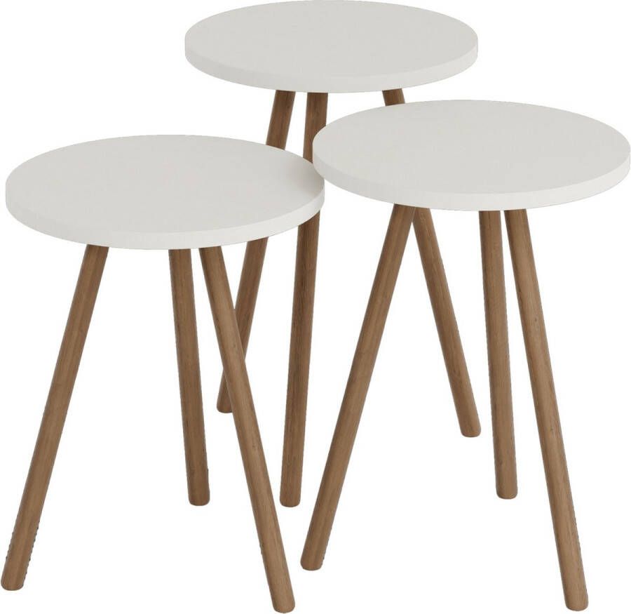 Unbranded Bijzettafel Fred Set van 3 Rond Houtkleurig en Wit Spaanplaat en Beuken Stijlvol Design