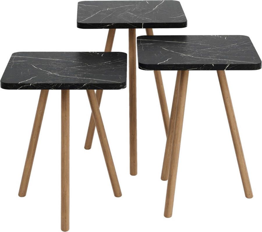 Unbranded Bijzettafel Greta Set van 3 Zwart Spaanplaat en Beukenhout 41 45 49x34x34 cm Modern Design - Foto 2