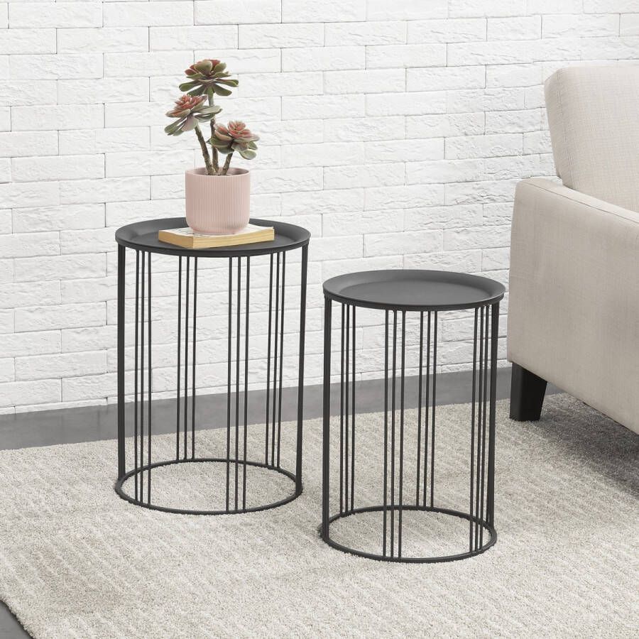Unbranded Bijzettafel Sadie Set van 2 Rond Metaal 50xØ34 55 xØ40 cm Zwart Modern Design