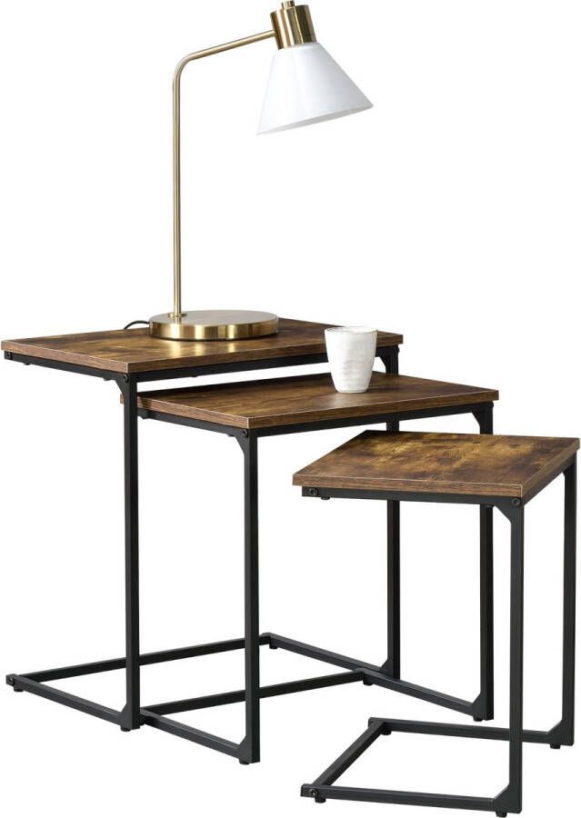 Unbranded Bijzettafel Soline Set van 3 Zwart en Houtkleurig Spaanplaat en Staal Modern design