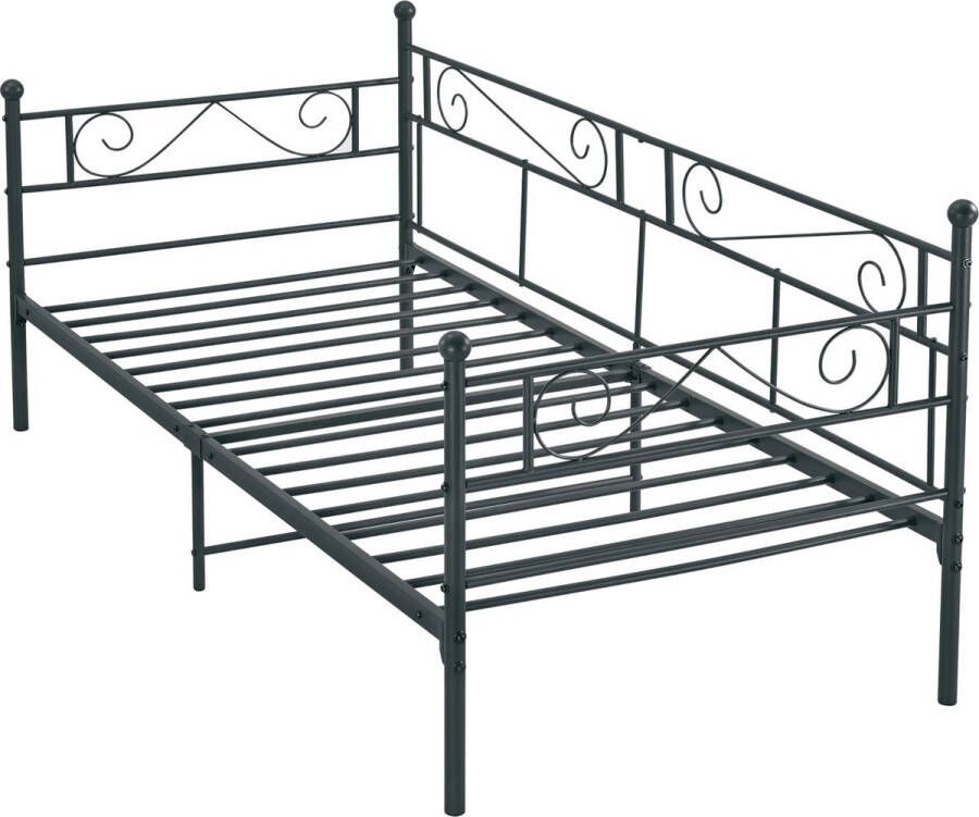 Inandoutdoormatch Eenpersoonsslaapbank Chyna 3-zitsbank 90x200 cm Zwart Vintage Design Metalen bedframe