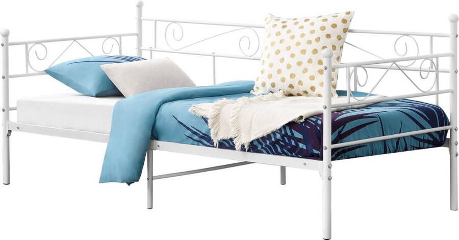 Inandoutdoormatch Eenpersoonsslaapbank Emilie 3-zitsbank 90x200 cm Wit Vintage Design Metalen bedframe