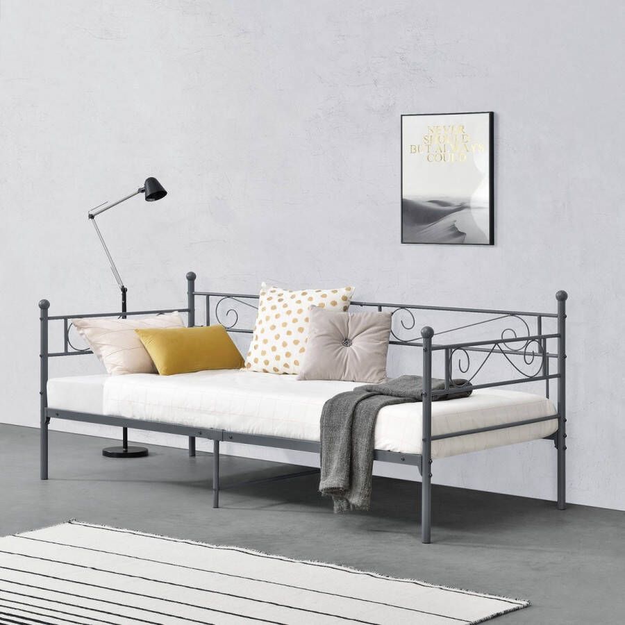 Unbranded Eenpersoonsslaapbank Haydee 3-zitsbank 90x200 cm Donkergrijs Vintage Design Metalen bedframe