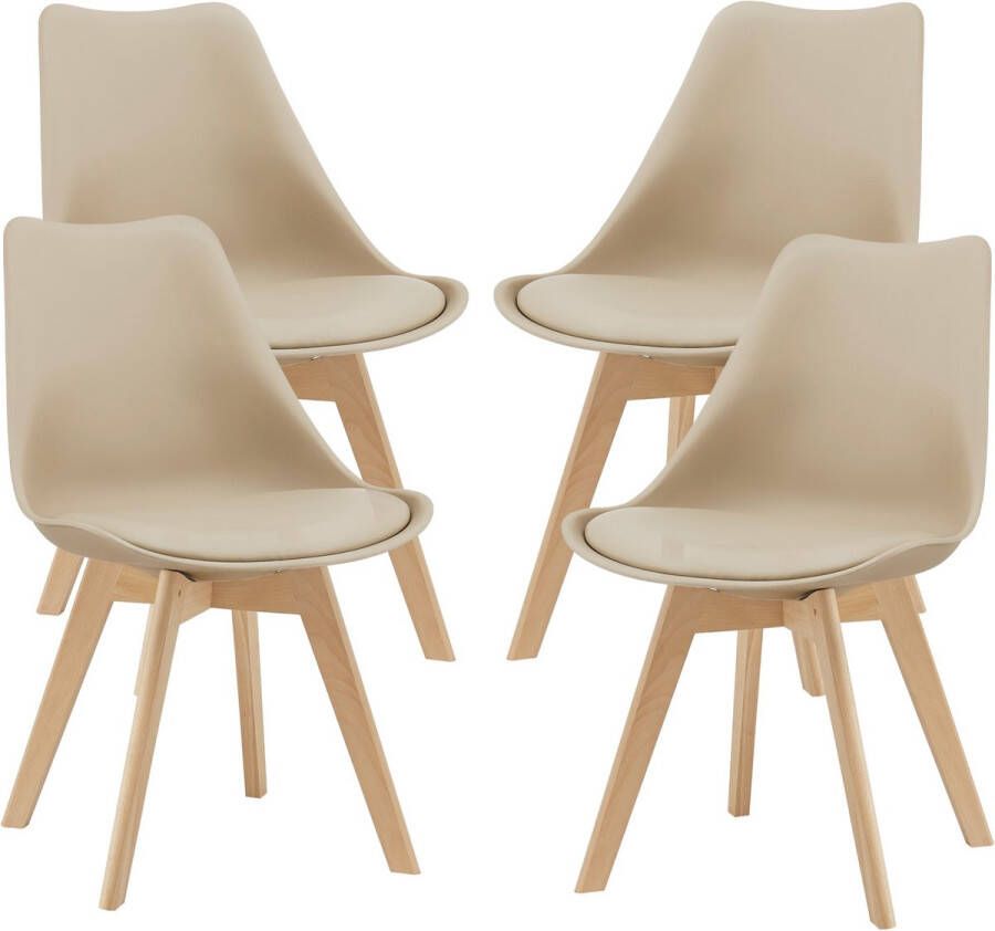 Unbranded Eetkamerstoel Beaumont Set van 4 Imitatieleer en Beuken Beige Gestoffeerde Zitting Modern Design